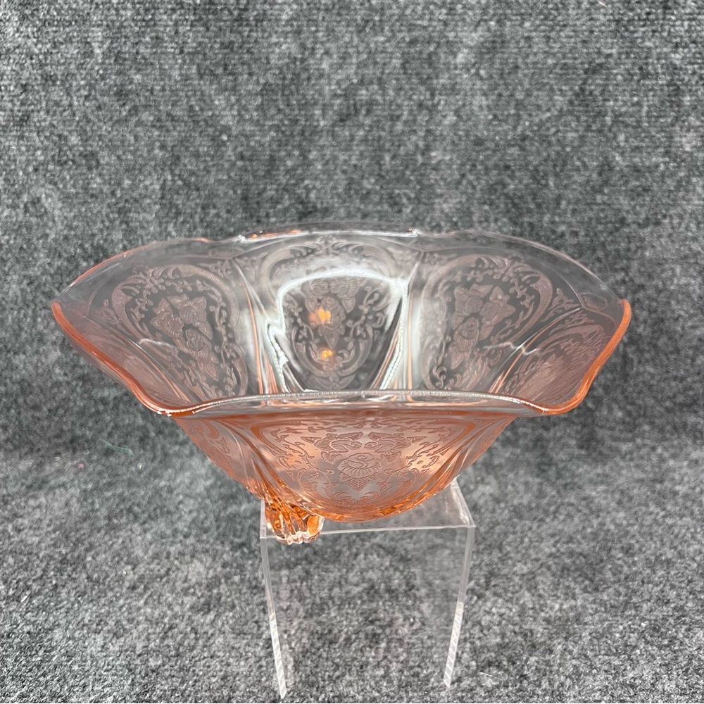 Hazel Atlas Pink Royal Lace 10" Ruffled Edge 3-Legged Console Bowl